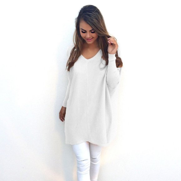 White Long Sleeve  Autumn Knitted Tops Sweater - Picture 1 of 6